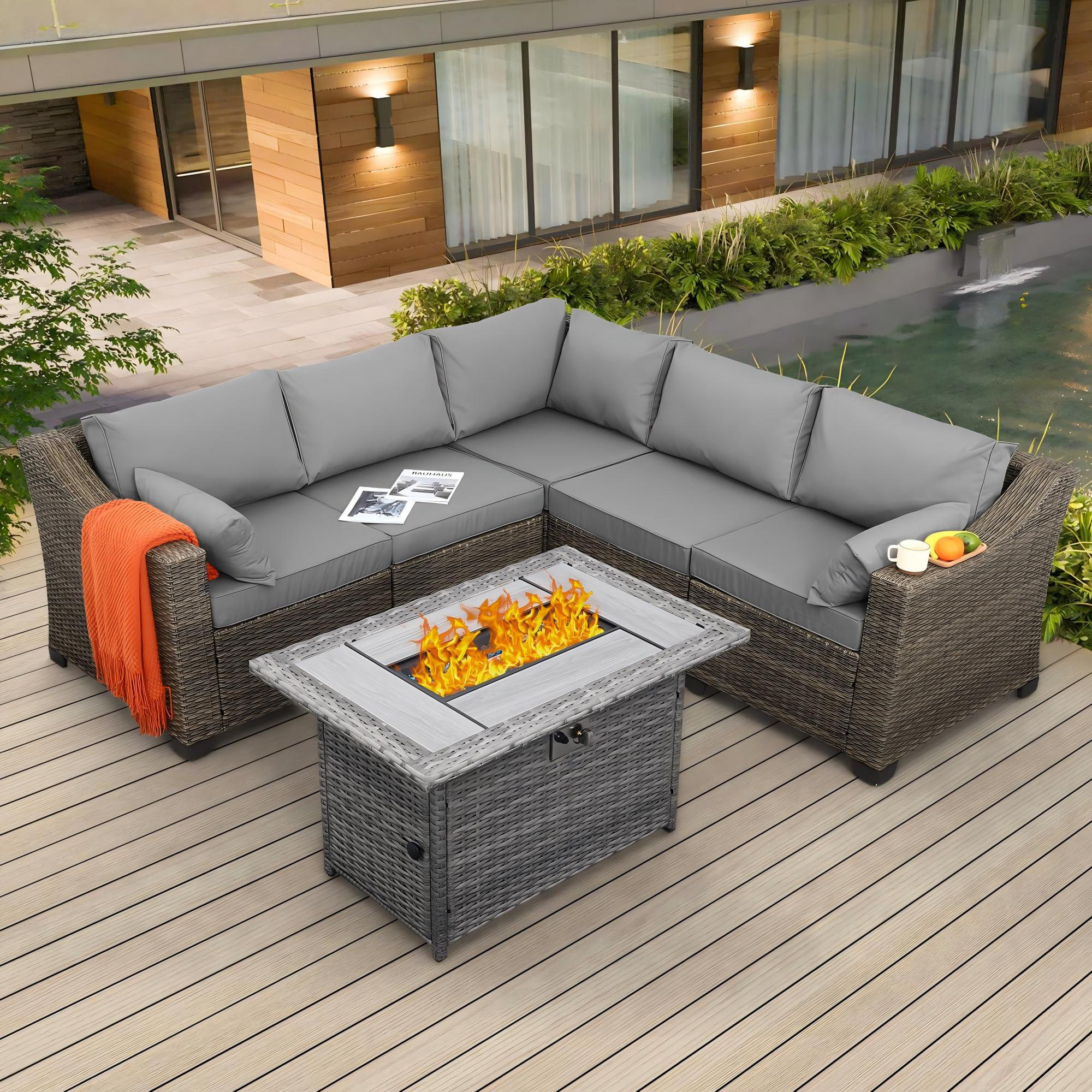 Rattaner Outdoor Furniture 6 Pieces Large Size Outdoor Patio Furniture 42 Inches Fire Pit Table Outdoor Sectional with Curved Backrest Light Grey Anti slip Cushions Wayfair