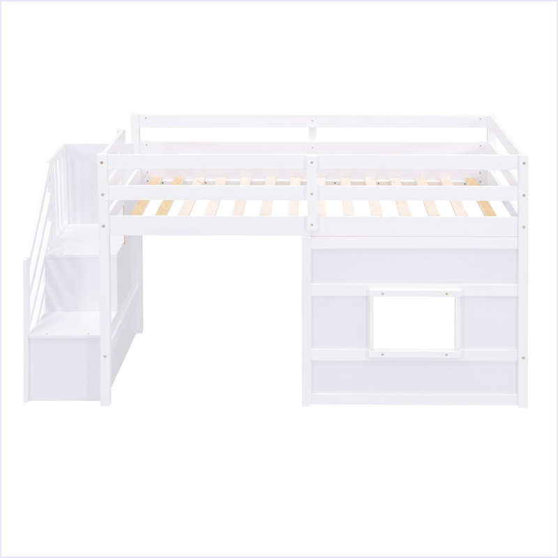 Lit mezzanine simple avec escalier de rangement et fenêtre, Blanc