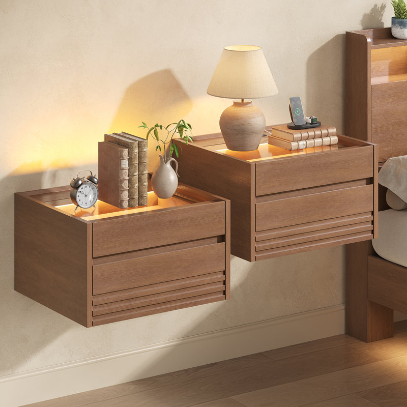 2-drawer Wall-mounted Floating Nightstand With Charging Station & Led Lights