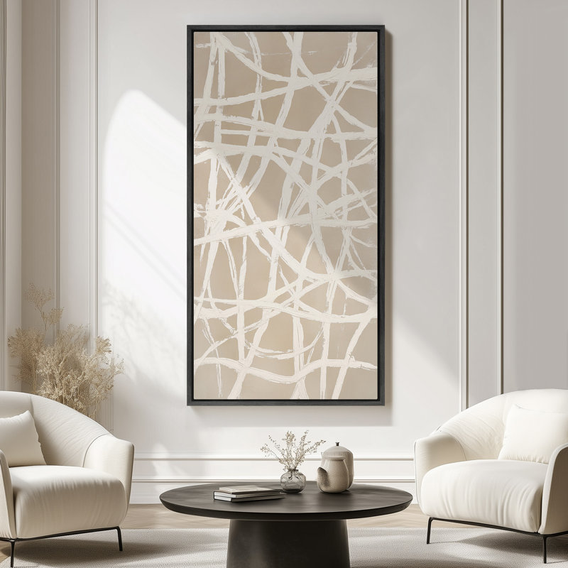 «Beige Neutral Geometric Line Abstract Art», grande impression sur toile encadrée pour chambre principale, Noir