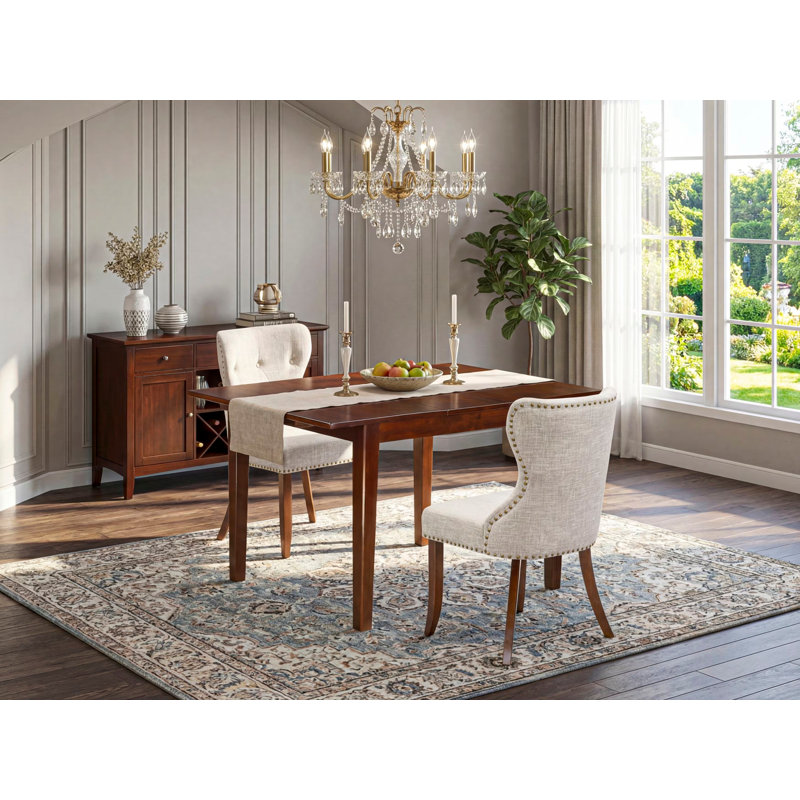 L'ensemble 3 pièces de table et chaises de cuisine comprend une table rectangulaire en bois avec feuille papillon et 2 chaises Parsons en tissu de lin, acajou