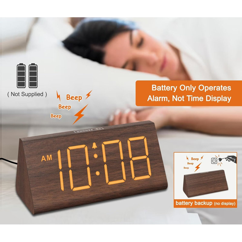 Réveil numérique en bois pour chambre à coucher et bureau, horloge numérique avec grands chiffres