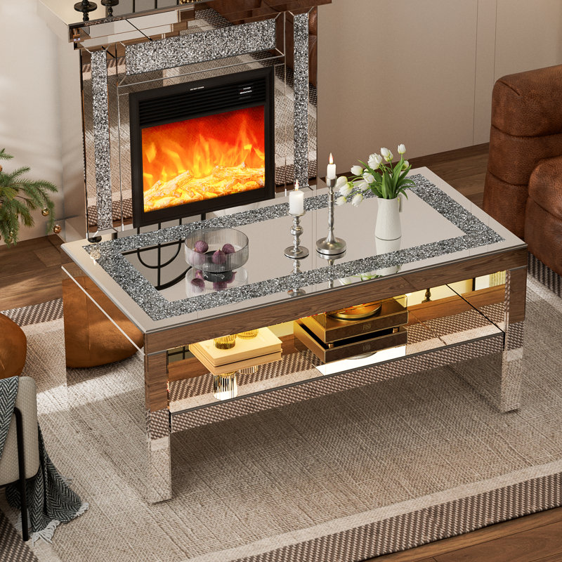 Table basse en miroir avec panneau de cristal en miroir, table basse rectangulaire en verre avec table de bout et 2 niveaux pour le salon