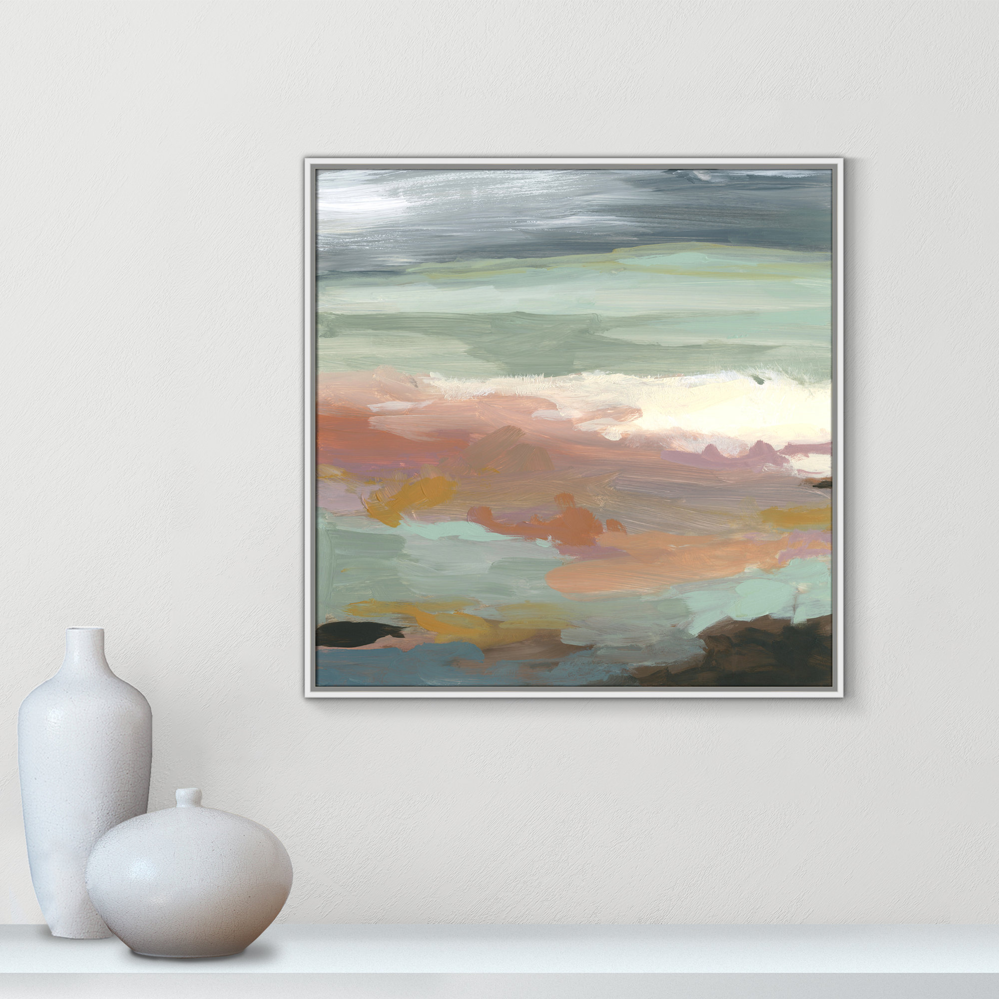 Ocean Bluffs by Carol Robinson - Painting Print on Paper, 31.5" H x 31.5" W, White, Picture Framed Canvas