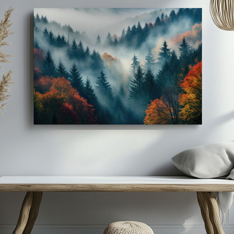 Toile dans une forêt dense recouverte d'une brume éthérée, H 11 po x l 14 po