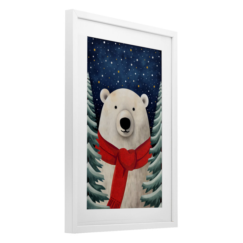Merry Bear, foulard avec foulard, impression sous verre, H 23 po x l 17 po, Cadre blanc côtier