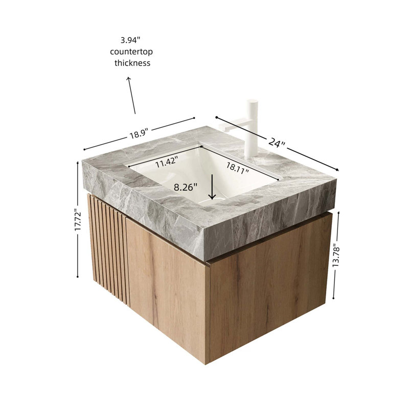 Meuble-lavabo flottant de luxe avec plateau en pierre frittée et lavabo en céramique, Chêne blanc, Gris clair