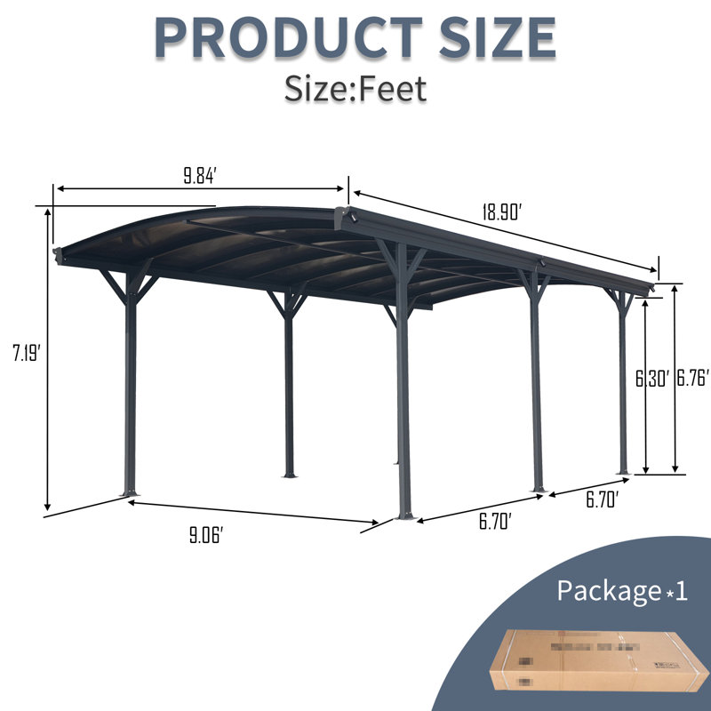 Outdoor Carport 1 Piece, 10 Ft X 19 Ft X 7 Ft Arched Roof Aluminum Frame Polycarbonate Panel For Driveway Car Truck
