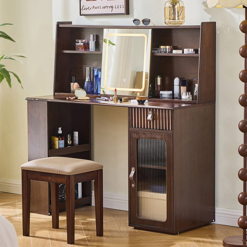 Élégante coiffeuse avec miroir lumineux réglable 3 modes, coiffeuse moderne avec grandes tablettes, tiroir et canette, noyer