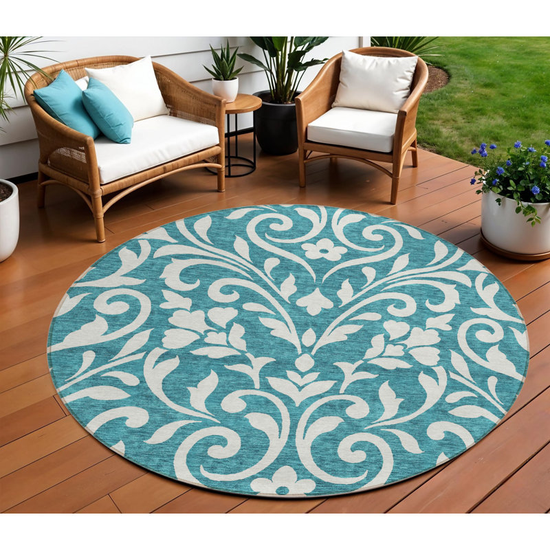 Tapis extérieur rond lavable floral bleu sarcelle et ivoire 8 pi