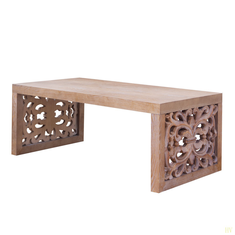 47.2" Rustic Carved Wood Coffee Table – Handcrafted Look With Ornate Side Panels Finish, Natural Wood
