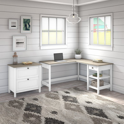 Bureau d'ordinateur en L 60 W avec classeur latéral 2 tiroirs Huckins en blanc pur et gris Shiplap