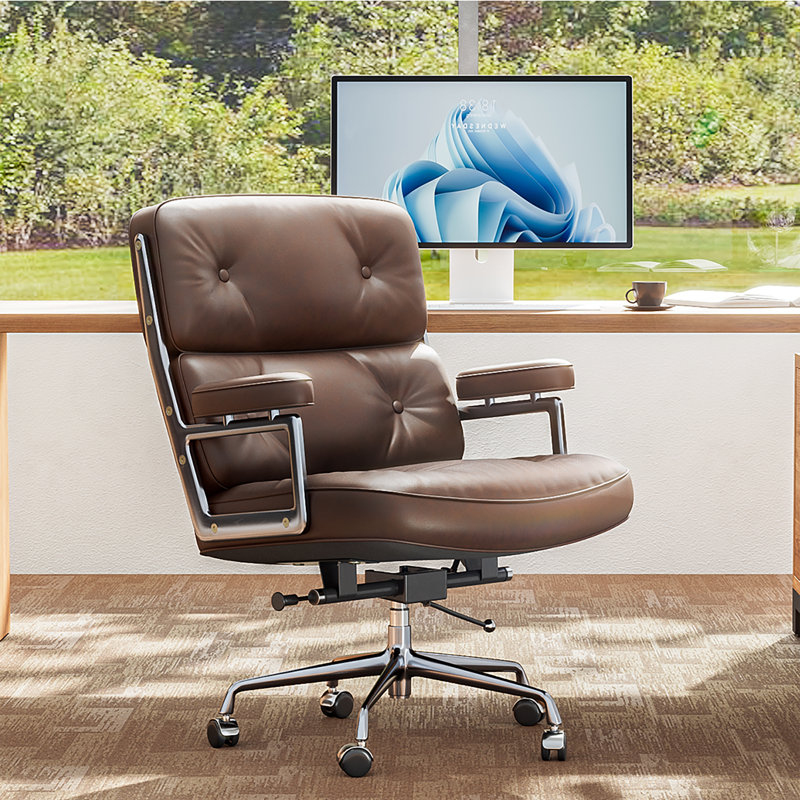 Fauteuil de direction en cuir véritable avec structure et roues en aluminium, fauteuil de bureau pivotant avec dossier épais et soutien lombaire ergonomique