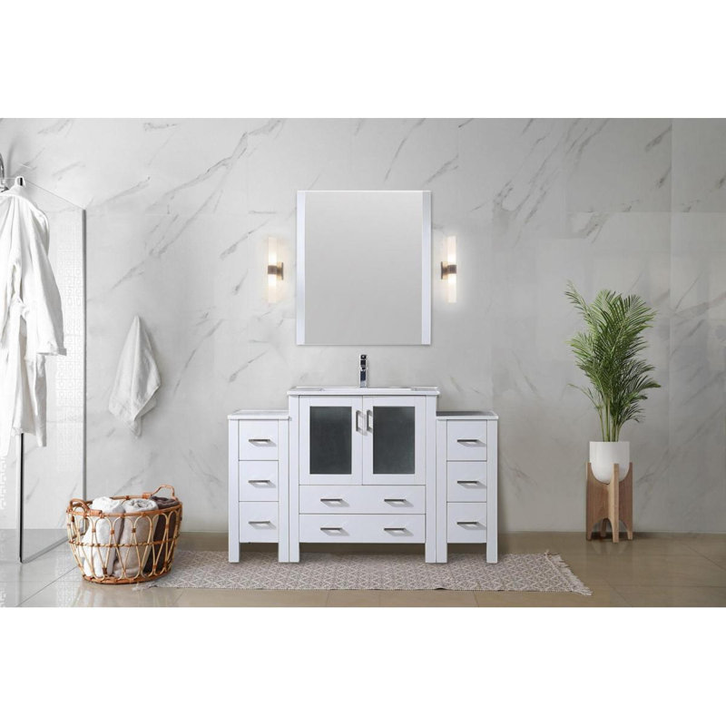 Meuble-lavabo simple gris foncé l 54 po x P 18,25 po, avec armoires latérales et plateau en céramique blanche, Dark Gray