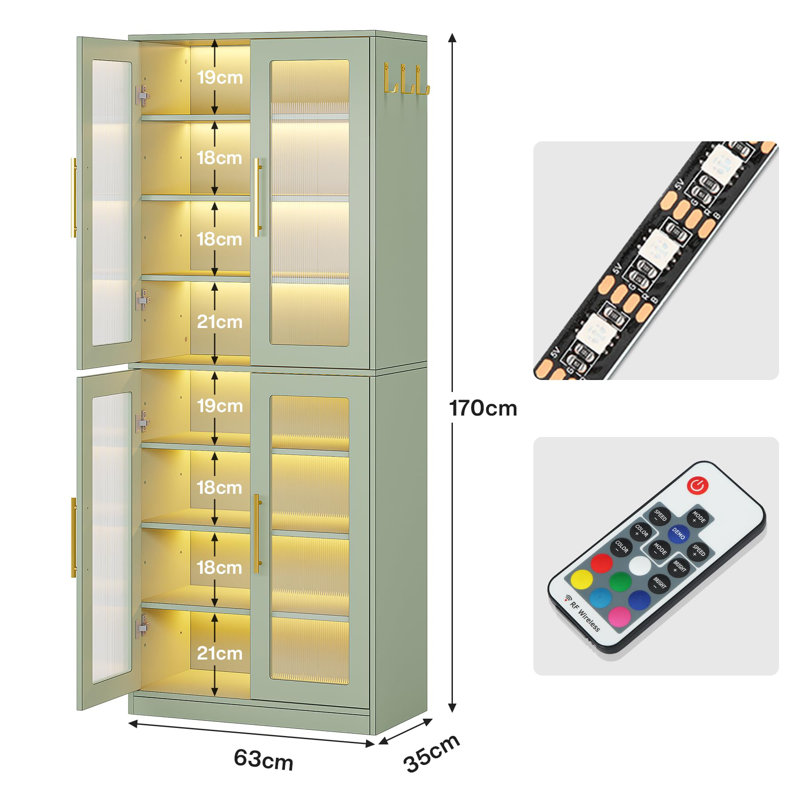 Jahnari Bookcase with Doors and LED Light, Mint Green