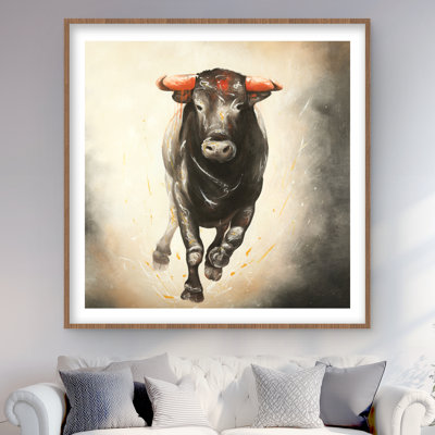 Bull Running - Brown Western Framed Matted Print for Decor