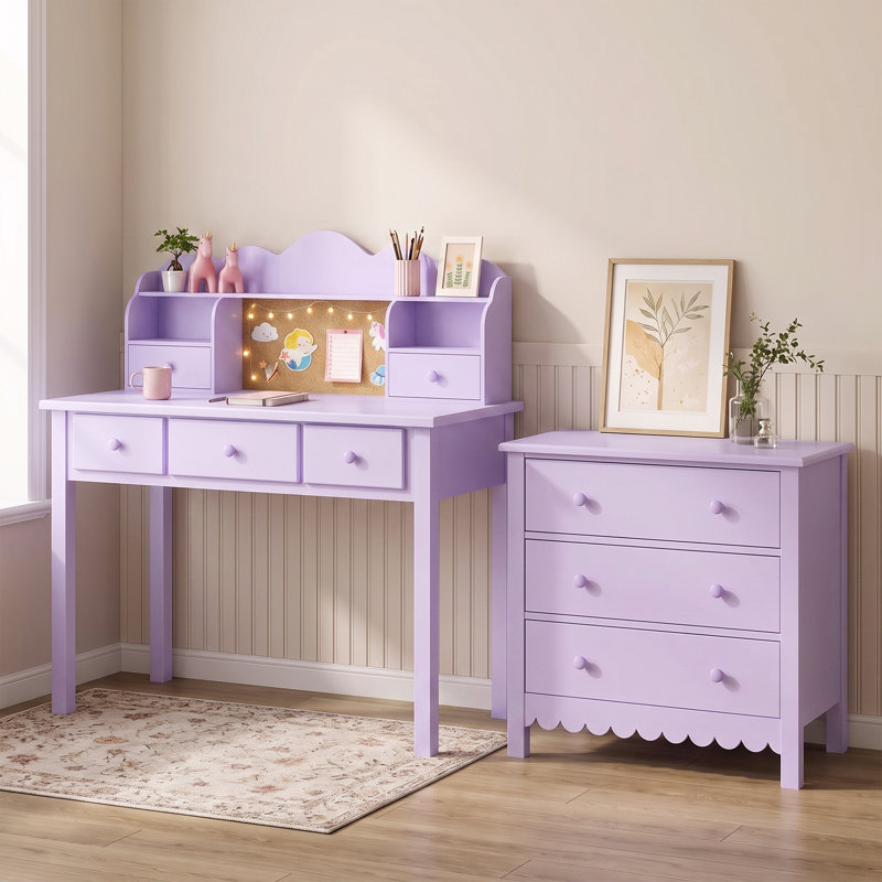 Bureau d'étude en bois massif 2 pièces avec prises et ensemble de 3 tiroirs assortis, Mauve
