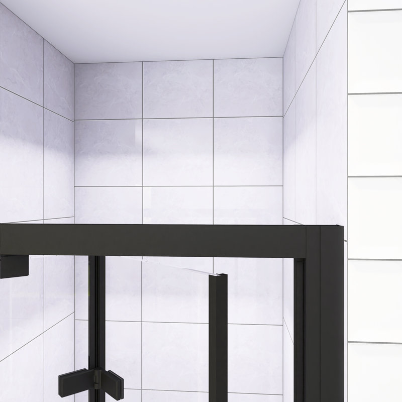 Porte de douche à double pivot 28 "x 72" avec cadre noir, verre trempé transparent de 1/4 ", enceinte pliante peu encombrante avec poignée en acier inoxydable, installation réversible