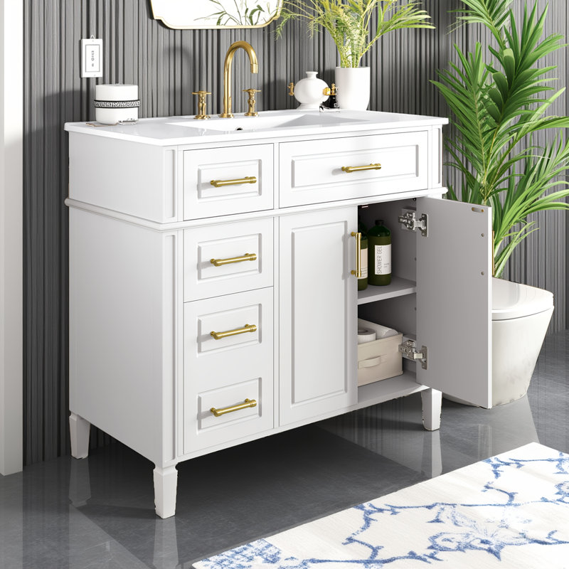 Meuble-lavabo autoportant - idéal pour les salles de bain et les salles d'eau avec quincaillerie décorative dorée, Blanc