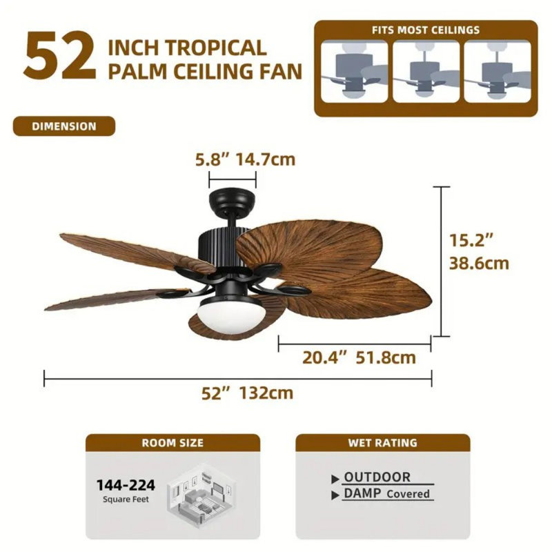 52- Inch Tropical Ceiling Fans With Light And Remote, 5 Leaf Blades Energy- Efficient Ceiling Fan For Outdoor, Indoor- Brown