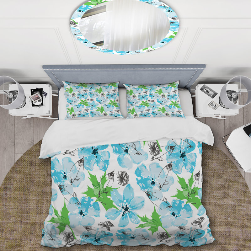 Fleurs bleues et feuille verte - ensemble de housse de couette floral - microfibre de polyester