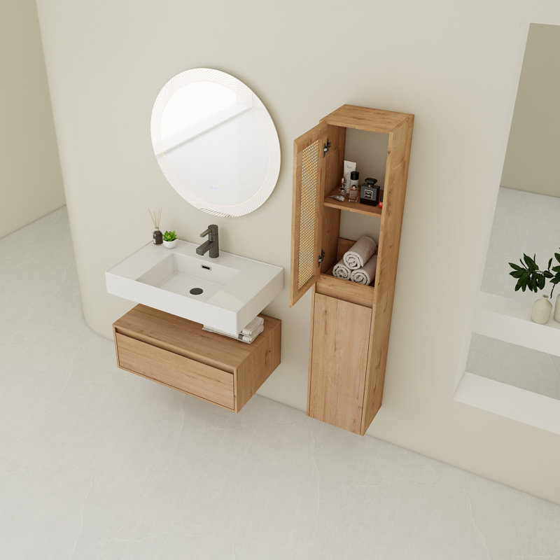Meuble-lavabo mural 30 po avec lavabo en résine et armoire latérale, tiroir à fermeture en douceur