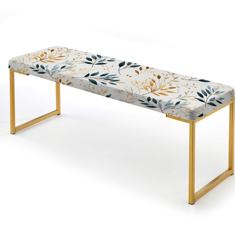 Floral Upholstered Gold Bench, Minimalist Leaves Plants Floral