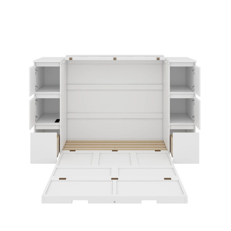 Lit escamotable simple avec tiroirs et ports USB, Blanc