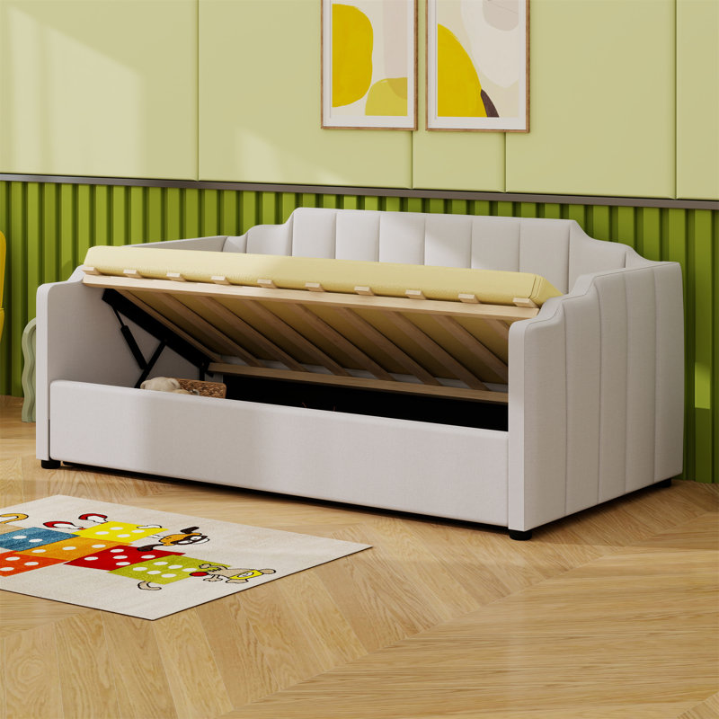 Lit de jour rembourré avec rangement inférieur, Beige, Lit double