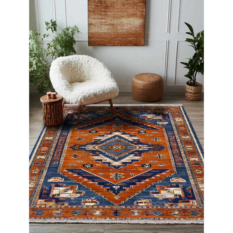 Martwon Collection Digital Print Cotton-Polyester Brown Navy Rug, Runner 3'4" x 11'6"