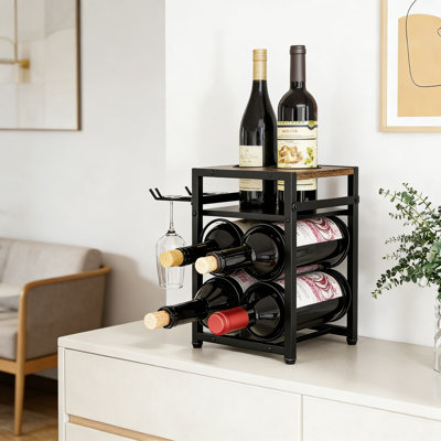 Freestanding Wooden Wine Rack For Countertop With Storage Tray, Holds 6 Bottles And 4 Glasses, Rustic Wine Bottle Holder For Kitchen, Home Bar, Or Wine Cellar