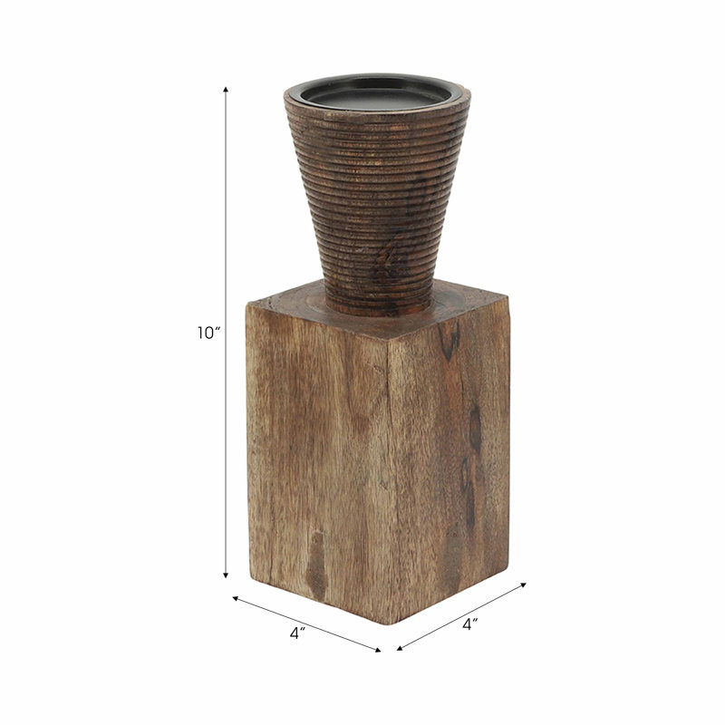 Modern Tabletop Wood Pillar Candlestick, 10" H x 4" W x 4" D