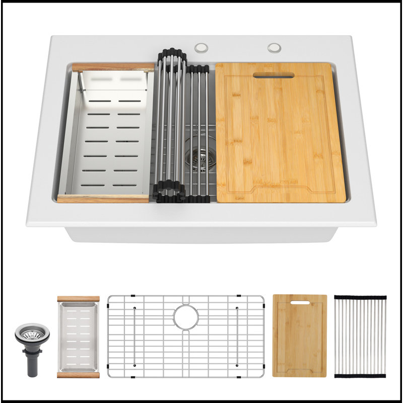 Quartz Kitchen Sink - 30X22" White Granite Composite Workstation Drop-In Kitchen Sink