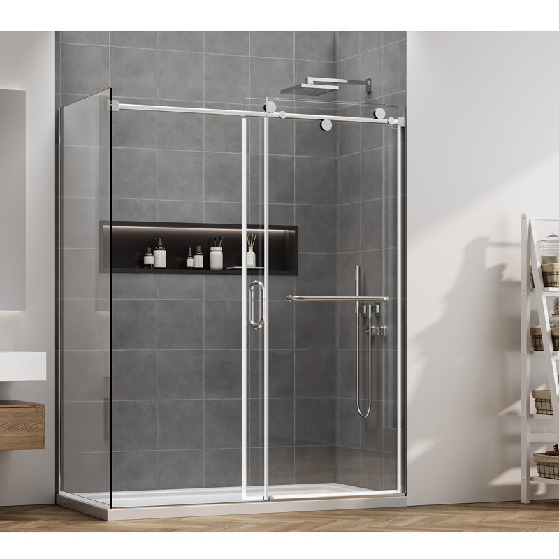 Cabine de douche rectangulaire sans cadre à portes coulissantes en verre trempé de 56 à 60 po x H 76 po x P 32 po avec quincaillerie en acier inoxydable