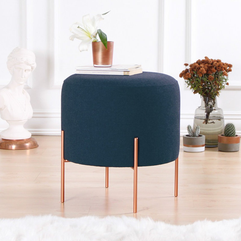 Bohemian Pouffe Ottoman, Navy Blue, 16.5 x 15.7 inches | 50% Cotton / 50% Linen, 5 cm Thick Orthopedic Sponge, Copper Coated Iron Legs | Stylish & Comfortable Seating for Home & Hotel Decor, Versatile Accent Piece