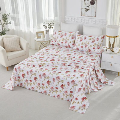 Ensemble de literie 4 pièces 800 fils 100 % coton égyptien (1 drap-housse + 1 drap plat + 2 taies d'oreiller, sans garniture), motif floral vintage luxueux, doux, respirant et agréable au toucher, idéal pour la chambre à coucher, la chambre d'amis ou le dortoir étudiant, en toutes saisons.