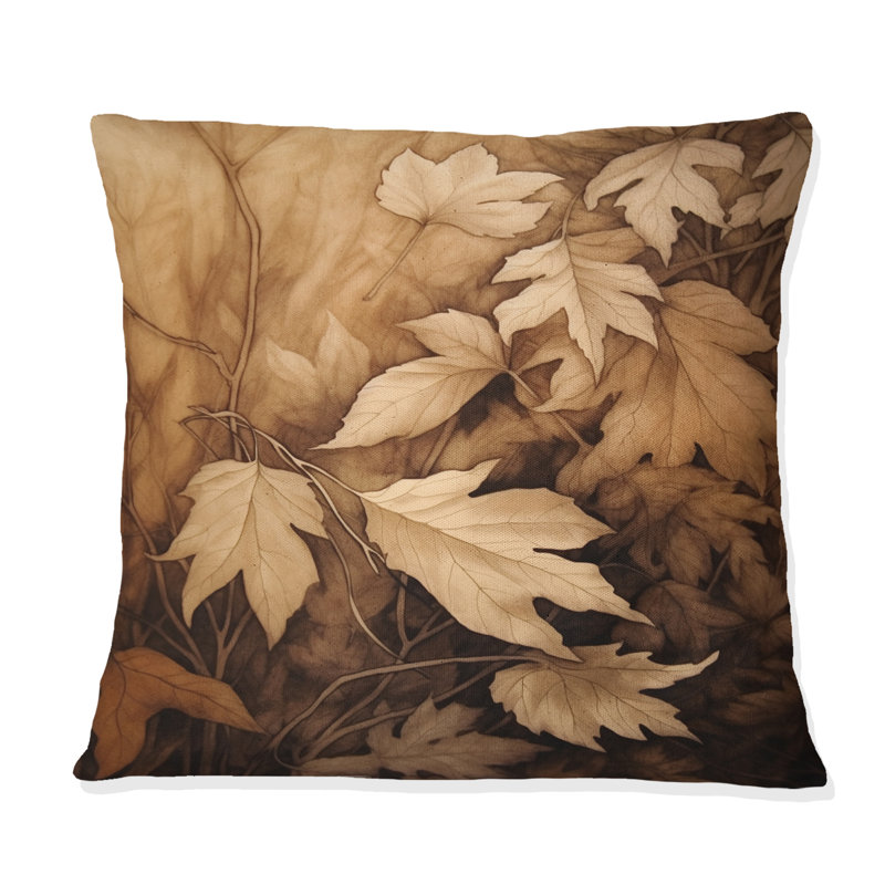 Coussin décoratif brun à motif floral beige et feuilles Harmony III, Carré 16 po