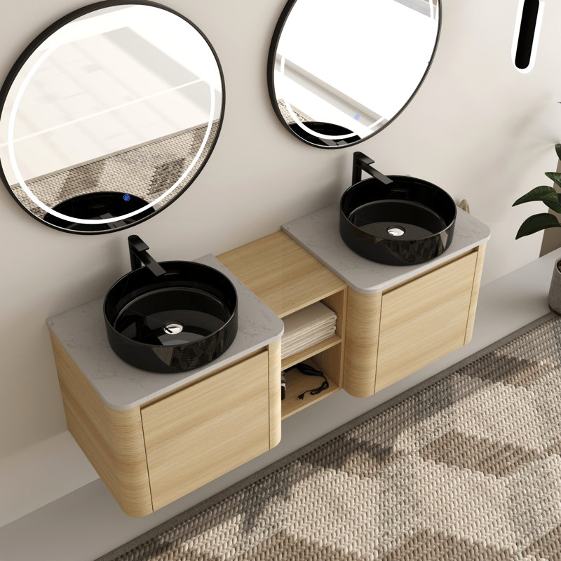 Ensemble de meuble-lavabo double 60 po avec plateau en pierre reconstituée Eaton, 60", Noir / blanc