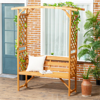 Patio Garden Bench Arbor Arch With Pergola And 2 Trellises, 3 Seat Natural Wooden Outdoor Bench For Grape Vines & Climbing Plants, Backyard Decor, Brown