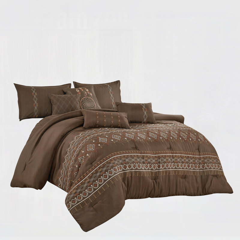 Ensemble d'édredon en microfibre brodé brun 7 pièces avec taies décoratives et coussins décoratifs