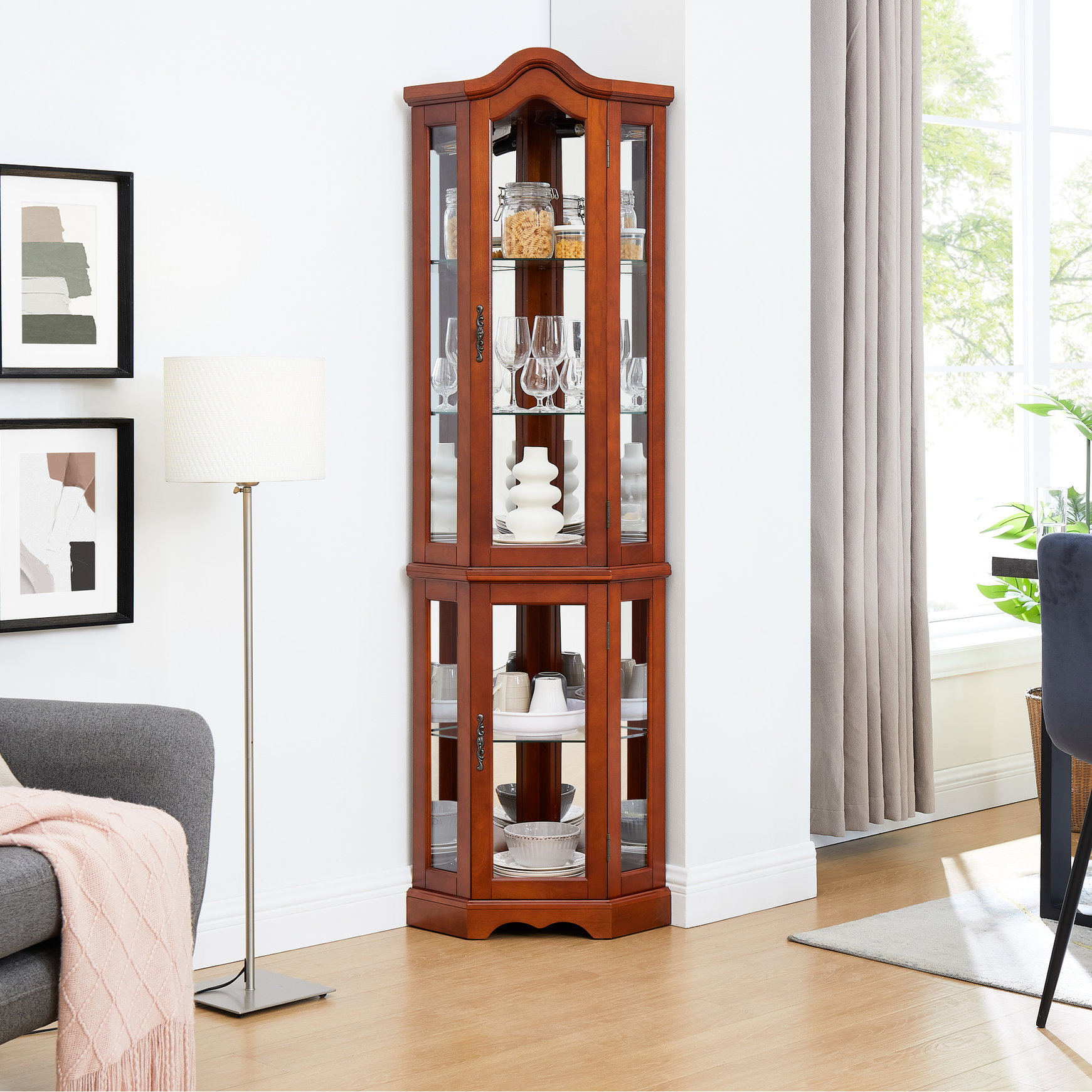 Lark Manor™ Walnut Finish Corner Cabinet - Lights Adjustable Shelf