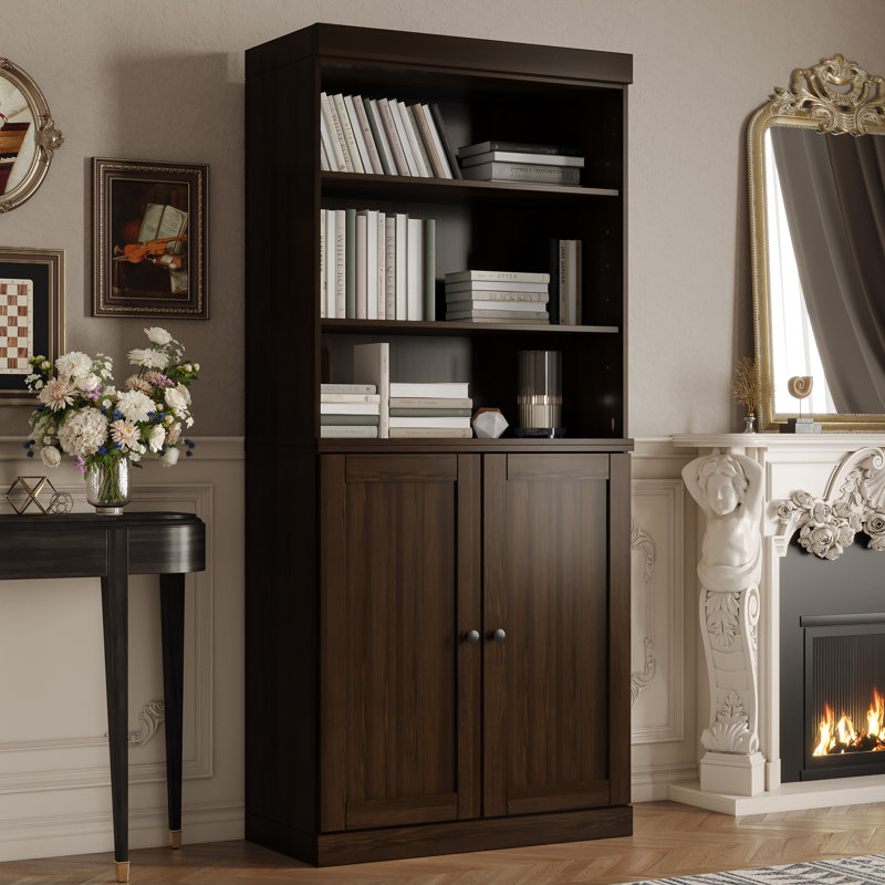 100% Solid Wood Tall Bookcase with Doors, Adjustable Shelves, Modular Storage, Open Display Bookshelf, 32" W x 71.5" H