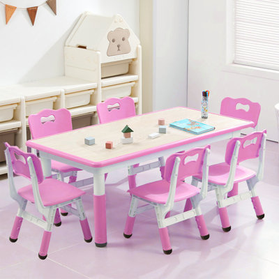 Kids Table & Chair Set, Height Adjustable Desk with 6 Seats, Arts & Crafts Table, Non-Slip Legs, Max 300lbs