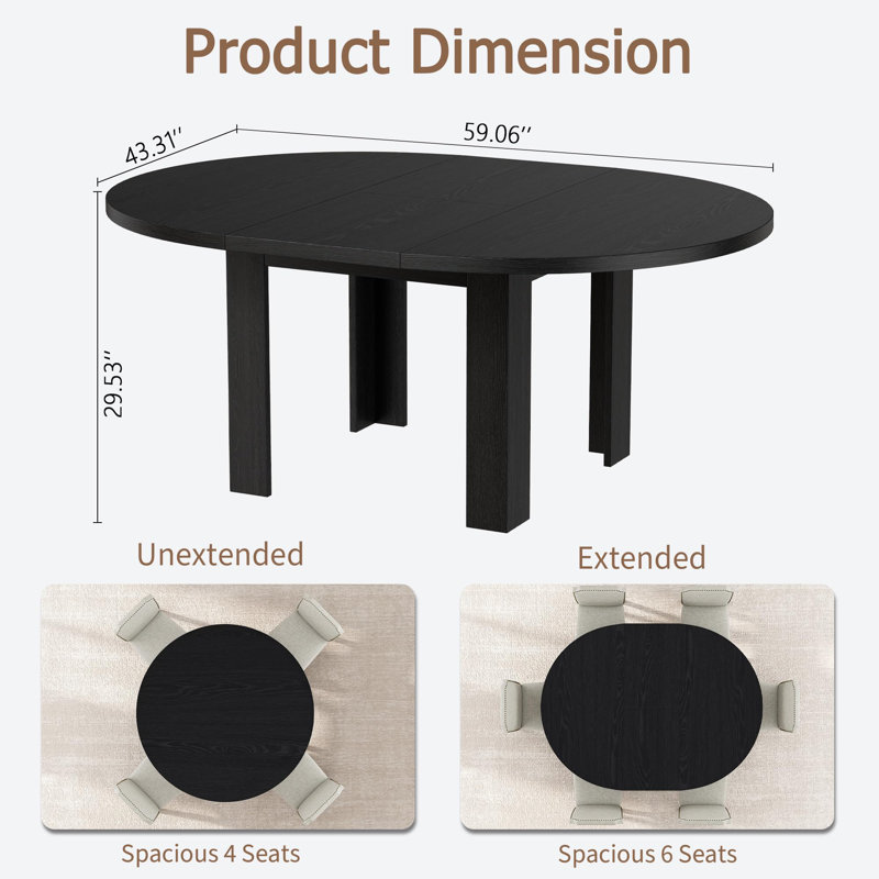 Table de salle à manger extensible peu encombrante pour 4 à 6 personnes - Table de cuisine ronde ou ovale moderne avec rangement intégré - Panneau de fibres à densité moyenne robuste et imperméable - Idéale pour un appartement, un bureau ou un petit espace - Noir