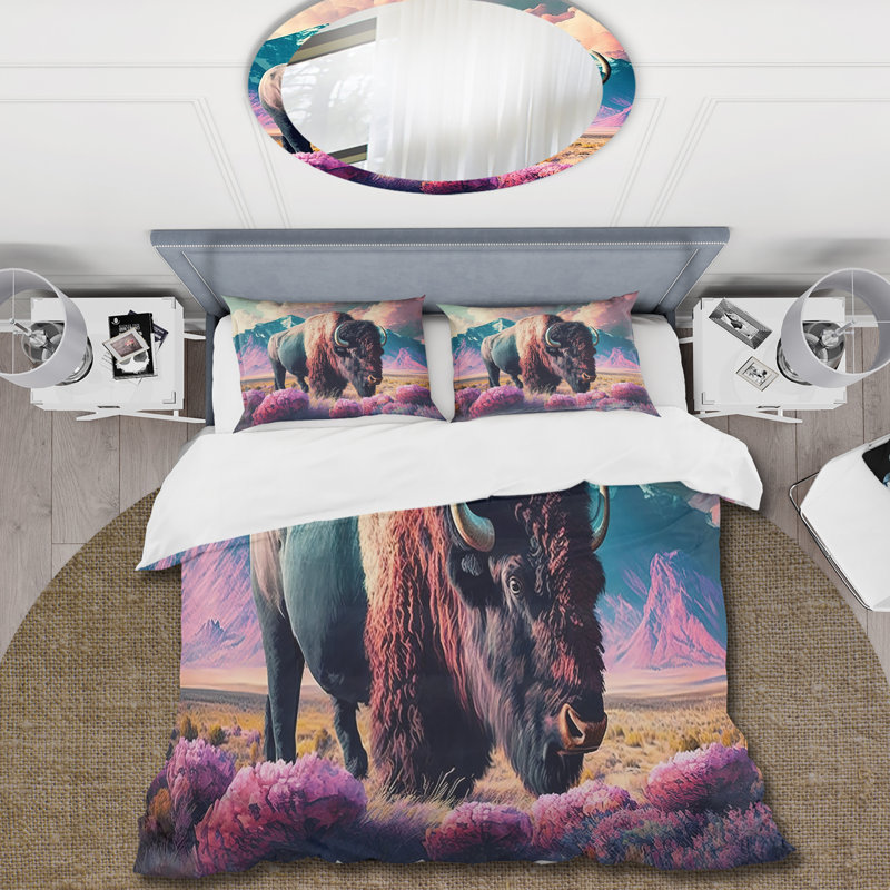 Buffalo avec paysage - ensemble de housse de couette animaux - microfibre de polyester