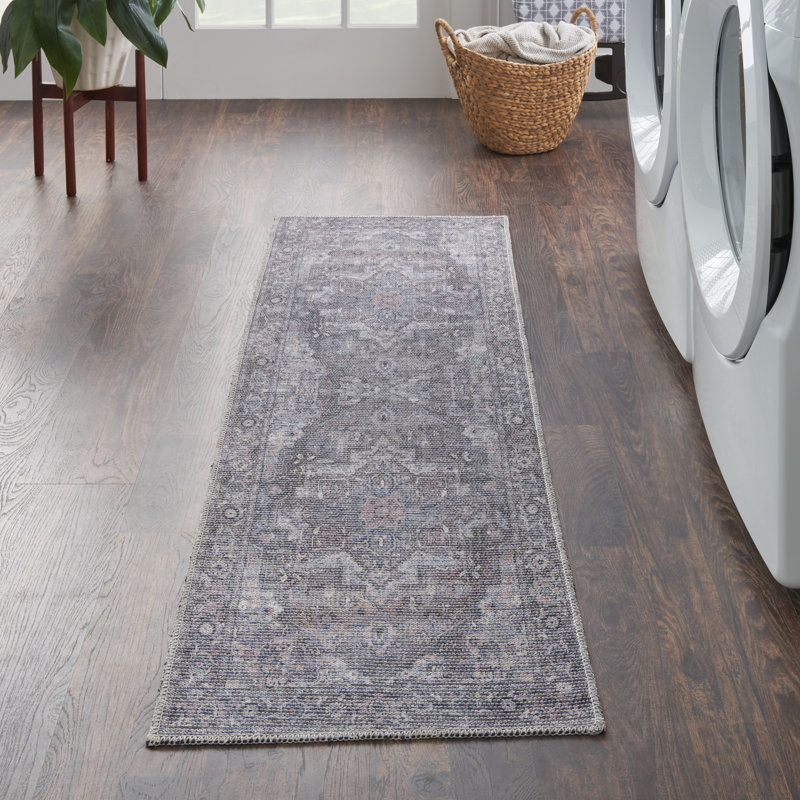 Lyiah Oriental Machine Washable Polyester Area Rug in Gray, Runner 2'2" x 10'