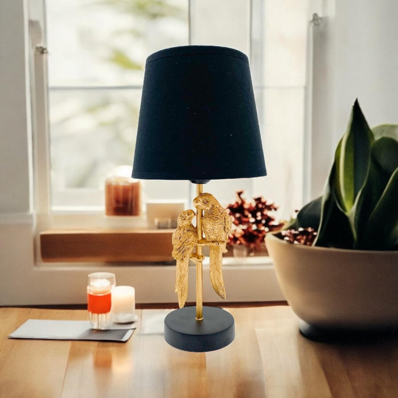 Elegant Parrots Black and Gold Table Lamp – Handcrafted Decorative Light with Antique Gold Finish & Inline Switch for Home Décor