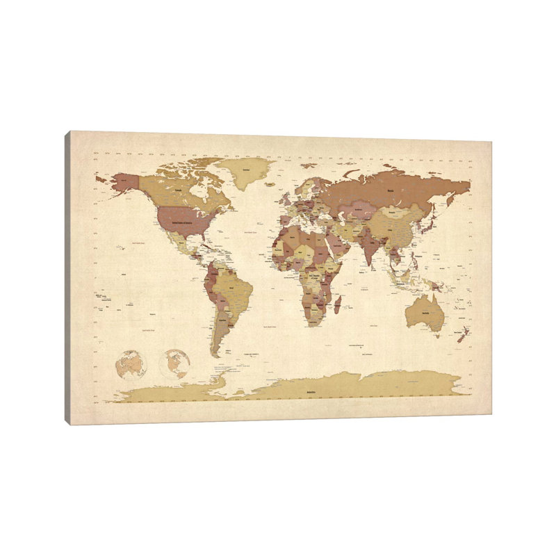 Map Of The World V by Michael Tompsett - Wrapped Canvas Painting, 20.32 cm H x 30.48 cm W