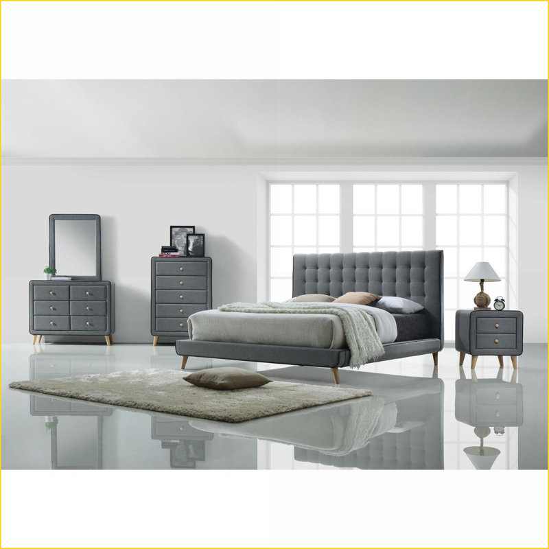 Chests &amp; Wardrobes Mid-Century 5-Drawer Upholstered Chest | Light Grey | Wood+Fabric