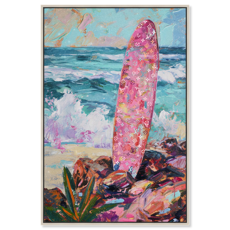Planche de surf colorée dans le sable, art mural côtier par Art Remedy, H 31 po x l 21 po, Cadre argenté